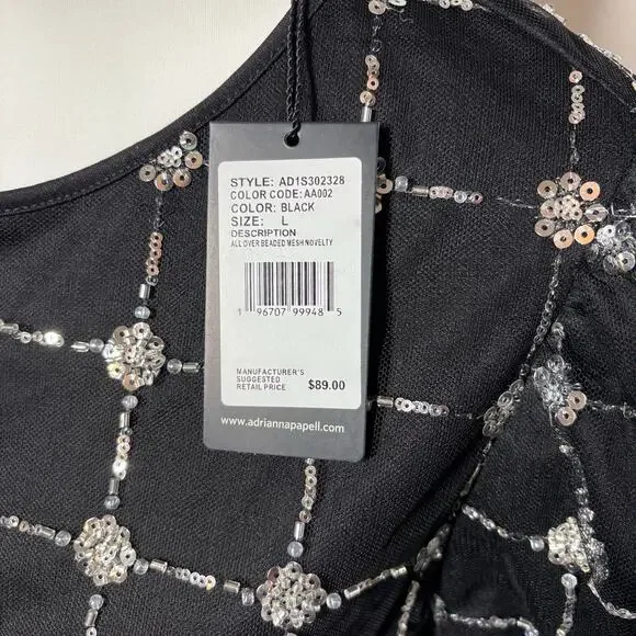Adrianna Papell Beaded Mesh Top Black Sequin Puff Sleeve Sheer Blouse NWT Sz L - Picture 9 of 10